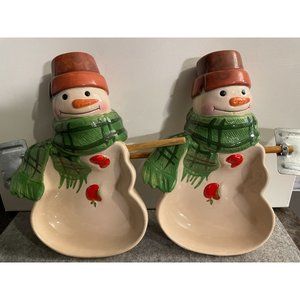 2 Hallmark Ceramic Snowmen w/Shovel By Jan Karan  # 1513